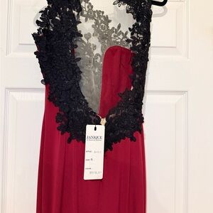 Elegant Janique Burgundy and Black Lace Evening Gown